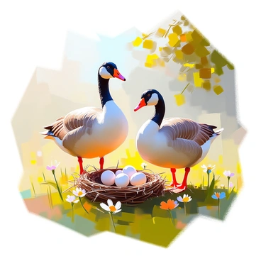 A mother Canada goose with brown and white feathers is carefully guarding her nest in a grassy field. The nest is made of twigs and grass, featuring several pale, speckled eggs nestled inside. The mother goose stands protectively over the nest, her head held high and alert as she surveys her surroundings. The grassy field is lush and green, dotted with small wildflowers, while a few trees can be seen in the background, creating a serene natural setting. Sunlight filters through the leaves, casting gentle shadows on the ground.