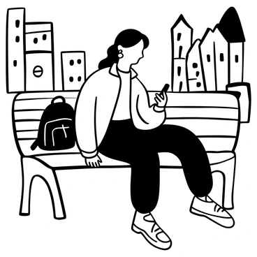 A girl sitting on a city bench wearing a stylish oversized jacket, paired with a fitted crop top and high-waisted jeans. She has chunky sneakers on her feet and is accessorized with statement earrings. The bench is located in a bustling urban environment, with tall buildings and trees in the background. There is a backpack resting beside her on the bench, and she is casually scrolling through her phone.