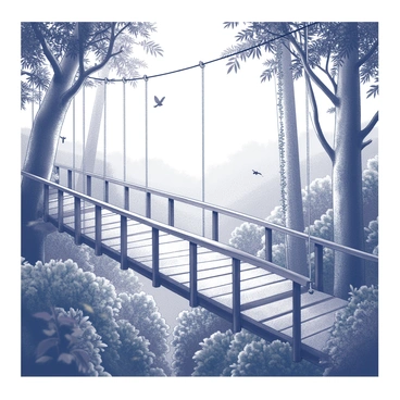 A suspended walkway made of wooden planks and sturdy cables, weaving through dense treetops. The walkway is elevated high above the ground, providing a clear view of the lush jungle below. Towering trees with thick trunks and expansive canopies surround the walkway, their leaves creating a natural ceiling. The scene captures various jungle plants and vines draping from branches, creating a rich tapestry of green foliage. In the distance, hints of wildlife, such as birds perched on branches, can be seen amidst the vibrant jungle landscape. The overall perspective emphasizes the height and openness of the walkway against the dense vegetation below.