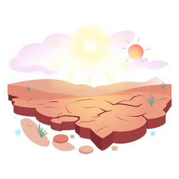 A vast landscape features cracked, dry earth that stretches to the horizon. The ground is covered in various fissures, highlighting the arid conditions. Above, a blazing sun radiates intense light, casting sharp shadows on the terrain. The sky is painted in gradient pastel colors, blending warm hues of oranges, pinks, and yellows, emphasizing the heat of the scene. In the distance, gently rolling hills can be seen, adding depth to the expansive view. Sparse vegetation, such as small shrubs and resilient grasses, sporadically emerges from the parched soil.