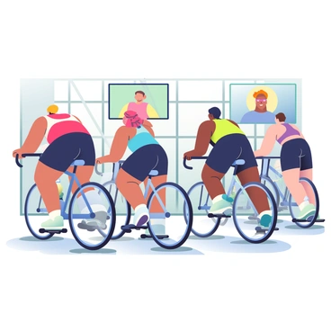 A group of five cyclists is positioned in a modern studio during a virtual Peloton bike class. Each cyclist is wearing colorful athletic gear; one has a bright red jersey, another is in a blue tank top, while the others are dressed in neon green, black, and purple. The cyclists are all focused on large screens in front of them displaying an instructor leading the class. The studio has polished wooden floors and large windows letting in natural light. There are several stationary bikes arranged in a semi-circle, each with a water bottle and towel placed on the handlebars. The atmosphere is dynamic, with a sense of energy and determination among the cyclists.