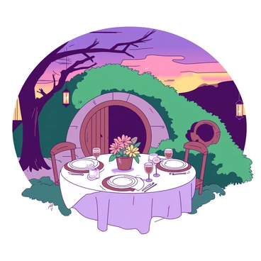 A duotone illustration featuring a charming outdoor dinner setup in front of a round hobbit hole with a wooden door and circular windows, surrounded by lush greenery. The table is elegantly set with white plates, sparkling glassware, and vibrant floral centerpieces. Soft lanterns are hung from nearby tree branches, casting a warm glow over the scene. The sky is filled with hues of orange and purple as the sun sets in the background, providing a magical atmosphere for the romantic dinner.