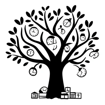 A large tree with a thick trunk, its branches extending outward. Clocks of various sizes are hanging from the branches, resembling fruits. The clocks have different designs, some round and others square, with intricate hands and numbers. The tree's leaves are dense, and some clocks are partially obscured by foliage. The ground underneath the tree is littered with fallen clocks, adding to the whimsical scene.