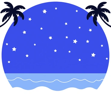 A night sky filled with numerous bright stars twinkling against a deep blue backdrop. Below the sky, a tranquil tropical beach features soft white sand. Gentle waves lap at the shore, reflecting the starlight. Silhouettes of palm trees frame the scene, their leaves swaying slightly in the breeze.