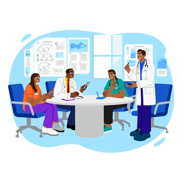 A group of three doctors and two nurses are gathered around a sleek conference table in a hospital meeting room. The doctors are wearing white lab coats and have stethoscopes around their necks. One doctor is pointing to a digital tablet displaying patient charts, while another is taking notes on a clipboard. The nurses are dressed in scrubs, one holding a pen and listening intently, while the other has a notepad in front of her, ready to jot down important information. A large window lets in natural light, illuminating the room, which is filled with medical posters and a whiteboard covered in notes and diagrams about treatment plans.
