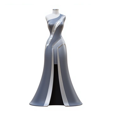 A futuristic couture dress featuring sleek, metallic elements. The dress has a fitted silhouette that flares out at the bottom, showcasing intricate detailing. The fabric appears to have a reflective surface, highlighting the curves and contours of the design. Shimmering metallic accents are integrated throughout, creating a striking contrast with the main fabric. The neckline is asymmetrical, adding a modern twist to the overall look. The dress is displayed on a mannequin set against a minimalist backdrop, emphasizing its avant-garde style.