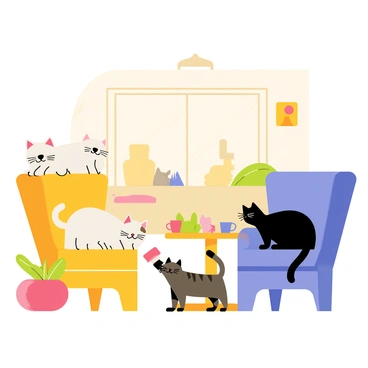 A small cafe with a cozy interior featuring wooden tables and colorful chairs. Several cats are lounging on comfortable chairs, each with unique fur patterns and colors. One fluffy white cat is perched on a yellow chair, while a sleek black cat is curled up on a blue armchair. A tabby cat is playfully reaching for a tiny cup of coffee sitting on a table. The cafe is filled with warm light, and cute decorations are placed on the walls, enhancing the inviting atmosphere.