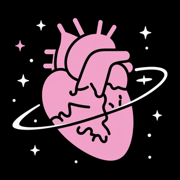 A human heart, depicted in a rich red color, is rotating in the vastness of space. The surface of the heart features intricate patterns resembling continents and oceans, showcasing a realistic representation of landmasses and bodies of water. Stars twinkle in the dark background, contrasting with the vibrant heart that spins slowly, creating an intriguing visual of this anatomical structure resembling a planet.