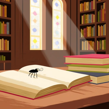 A small black fly with delicate wings is perched on an open ancient tome with yellowed pages. The grand library is filled with towering wooden bookshelves, rich in dark brown colors, and adorned with ornate carvings. Soft, warm light filters through large stained glass windows, casting colorful patterns on the wooden floor. Several other ancient tomes are stacked haphazardly nearby, showcasing faded titles in gold lettering. The air is filled with the scent of old paper and leather.