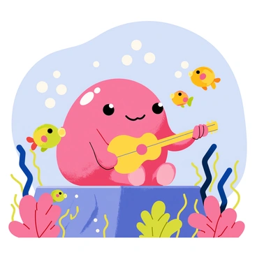 A blobfish with a pink, squishy body is sitting on a rock under the sea. It is holding a shiny seashell guitar, strumming it with its fins. The underwater scene is filled with various colorful fish swimming around, creating an audience for the blobfish's performance. Some fish are clapping their fins together while others are dancing joyfully in the water. Bubbles are rising from the blobfish and the colorful coral is visible in the background, adding to the vibrant underwater atmosphere.