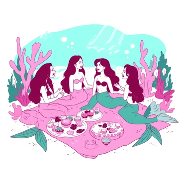 A pink group of mermaids is gathered on a sandy ocean floor, surrounded by vibrant coral formations and swaying seaweed. They are seated on a large, colorful picnic blanket decorated with underwater motifs. Each mermaid has shimmering tails in various shades of teal, adding to the enchanting scene. In the center of the blanket, there are platters filled with an assortment of ocean-themed snacks, such as starfish-shaped sandwiches and shell-shaped cookies. Bubbles rise gently from the mermaids as they laugh and share stories, creating a lively atmosphere beneath the sunlight filtering through the water above.