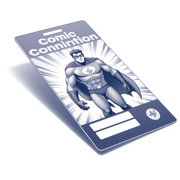 A comic convention pass displayed on a table. The pass features a bold illustration of a superhero in a dynamic pose, showcasing muscular definition and an intense expression. The superhero's cape billows dramatically behind them, accentuating the sense of movement. The background is filled with action lines that enhance the visual impact of the pose. The top section of the pass includes the text "Comic Convention" in a large, bold font, while the bottom section contains space for attendee information.