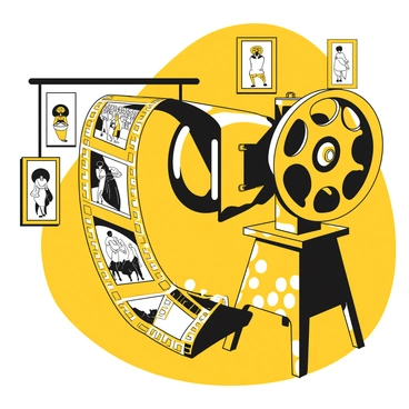 A classic film reel is unspooling on a wooden film projector, with vintage black-and-white scenes partially revealed as the film flows out. The film strip has frames showing various scenes, such as a crowd at a silent movie theater and a couple dancing in elegant 1920s attire. The projector light casts shadows on the wall, highlighting the details of the film as it descends towards the floor. The setting has an old-fashioned ambiance, with a few film posters hanging in the background, adding to the nostalgic feel of the scene.