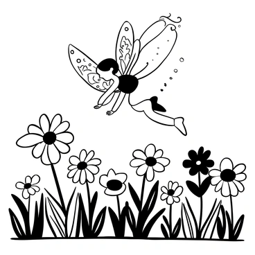 A fairy with butterfly-patterned wings is gracefully hovering above a vibrant flower field. The flowers are detailed with various shapes and sizes, creating a lush landscape. The fairy's delicate wings are spread wide, showcasing intricate designs reminiscent of butterfly patterns. Surrounding the fairy, tall stems of flowers sway gently in the breeze, with some petals slightly drooping under the weight of morning dew. In the background, a distant cluster of trees creates a natural boundary for the scene.