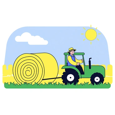 A farmer pushing a hay bale with a tractor in a sunny field.
