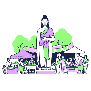 A large "Adiyogi statue" stands prominently in the center of a bustling village marketplace. The statue is meticulously detailed, with an expression of tranquility and wisdom. Surrounding the statue, market stalls are filled with vibrant produce, colorful textiles, and handmade crafts. Villagers are engaged in lively conversations, some examining goods while others barter. In the background, a canopy of trees provides shade, and a few children are playing nearby, adding to the lively atmosphere of the scene.