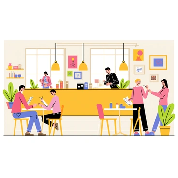 A cozy cafe with warm wooden furniture and large windows letting in soft sunlight. The walls are adorned with various pieces of local art, featuring colorful paintings and intricate sketches. Several tables are occupied by people engaged in sketching, each with their own unique drawing style. A barista stands behind a counter making coffee, while a few potted plants add a touch of greenery to the atmosphere.