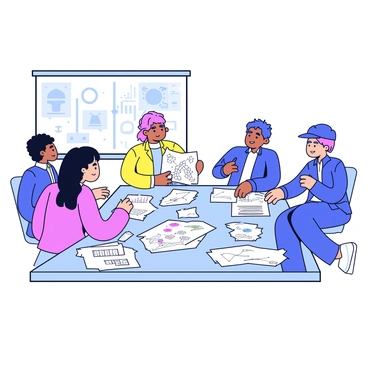 A group of engineers gathered around a rectangular table. The table is covered with various technical diagrams and blueprints, some featuring intricate lines and graphs. The engineers are engaged in discussion, with one pointing at a diagram while others listen intently. Each engineer is wearing a casual but professional outfit, and their expressions are focused and collaborative. A large window in the background lets in natural light, casting soft shadows on the table.