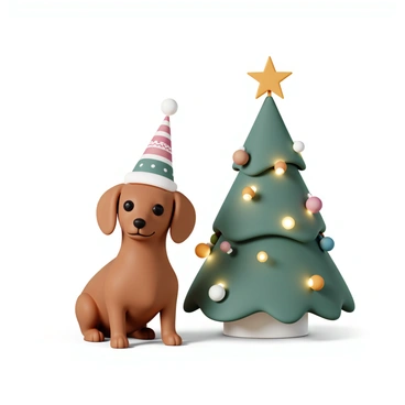 A dackel, also known as a dachshund, with a smooth, brown coat is sitting next to a holiday tree. The dog is wearing a colorful festive hat adorned with red, green, and white patterns. The holiday tree is decorated with twinkling lights, shiny ornaments in various colors, and a star on top. The scene is filled with a warm glow from the tree lights, creating a cheerful atmosphere.