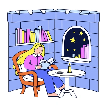 A cozy corner of a tower with stone walls, filled with stacks of colorful books. A wooden chair with a soft cushion is positioned next to a small round table. On the table, there is an open book that Rapunzel is reading. She has long, flowing hair cascading down her shoulders. A single candle on the table provides warm, flickering light, casting soft shadows around the space. In the background, there are more bookshelves lined with books, and a window with a view of the night sky.