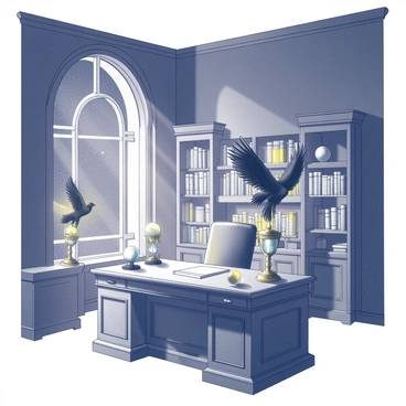 A grand office with high arched ceilings and tall bookshelves lined with ancient tomes. The desk is large and elaborately carved, adorned with various curious trinkets including a glowing hourglass and a crystal ball. A majestic phoenix, Fawkes, perches gracefully on a gilded stand, its feathers intricately detailed. The room is filled with the soft glow of magical artifacts, and shadows dance across the walls. A large window lets in a view of a starry night sky, enhancing the mystical ambiance of the space.