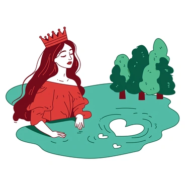 A red queen with an intricate crown is peacefully gazing over a teal lake. She is wearing a gown adorned with heart patterns, and her long hair flows gently in the breeze. The surface of the lake is calm, with heart-shaped ripples emanating from where her reflection appears. Surrounding the lake, there are lush green trees, adding depth to the scene. The queen's expression is contemplative as she enjoys the tranquil moment.