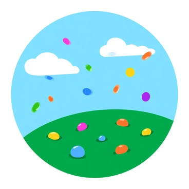 A clear blue sky with numerous "ATP molecules" depicted as small, colorful spheres gently falling from the clouds. The scene shows these molecules landing on a vibrant green landscape filled with various "cell structures" such as round and elongated shapes representing different types of cells. Each cell is illustrated with a lively color palette, showcasing their unique features. The atmosphere is filled with a sense of growth and vitality as the "ATP molecules" nourish the "cell life" below them.