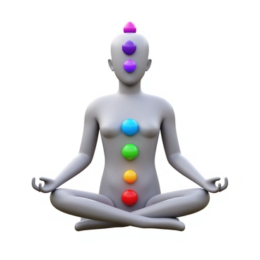 An illustration of the chakra system featuring seven distinct chakras aligned along a human silhouette. The first chakra, the root chakra, is depicted at the base of the spine in red. The second chakra, the sacral chakra, is shown just below the navel in orange. The third chakra, the solar plexus chakra, is represented in yellow at the upper abdomen. The fourth chakra, the heart chakra, is illustrated at the center of the chest in green. The fifth chakra, the throat chakra, is shown in blue at the throat area. The sixth chakra, the third eye chakra, is represented by the pineal gland in indigo, located on the forehead. Finally, the seventh chakra, the crown chakra, is depicted at the top of the head in violet. Each chakra is visually distinct and conveys its respective color and energy.