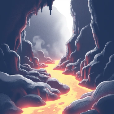 A river of lava flows through a deep, dark cavern. The lava is bright and glowing, casting a warm light that illuminates the rocky walls of the cave. The walls are jagged and uneven, with various textures and formations. Stalactites hang from the ceiling, some dripping with molten rock. The atmosphere is filled with wisps of steam rising from the hot lava, and the scene features sharp contrasts between the glowing lava and the dark surroundings.