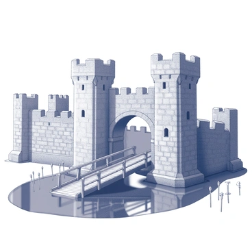 A sturdy medieval castle gate constructed from large, weathered stones. The gate features a solid wooden drawbridge that is currently raised, secured by heavy chains. Surrounding the gate, a deep moat filled with still water reflects the stone structure. The area around the moat is reinforced with sharp stakes, providing additional security. In the background, tall castle walls rise with battlements, enhancing the imposing presence of the castle.