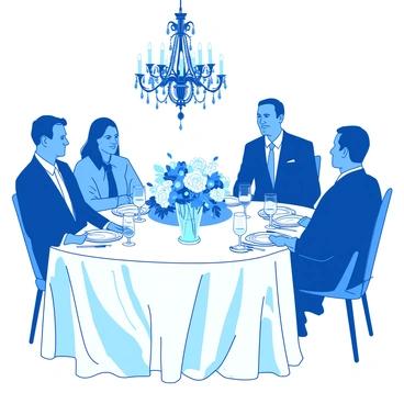 A blue prime minister is seated at a large, elegantly set table adorned with a white tablecloth. The prime minister is wearing a tailored navy suit with a crisp white shirt and a gold tie. The table is filled with exquisite silverware, crystal wine glasses, and floral centerpieces in varying shades of white and blue. The surrounding guests, dressed in formal attire, are engaged in conversation, while a luxurious chandelier hangs above, casting a soft light over the scene.