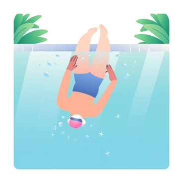 A swimmer with a streamlined body and a sleek, blue swimsuit is diving gracefully into a crystal-clear pool. The swimmer’s arms are extended above their head, and their legs are together, creating a perfect entry into the water. Bubbles are forming around where they break the surface, and the turquoise water reflects sunlight, creating sparkling patterns. The pool's edge is lined with smooth, white tiles, and there are lush green plants in the background, framing the scene.