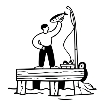 A fisherman standing on a rustic wooden dock, holding a freshly caught mackerel in one hand with a proud posture. The dock is weathered and has a textured surface, with wooden planks showing signs of wear. Surrounding the fisherman are fishing gear items, including a fishing rod leaning against the dock and a small basket filled with other catches. The water beneath the dock is calm, reflecting the structure above.