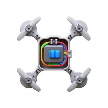 A cross-section view of a drone, revealing its internal wiring and components. The drone features a compact and aerodynamic body, prominently displaying the battery compartment and circuit board. Color-coded wires are neatly arranged, connecting the motors to the control unit. The propeller mounts are visible on the outer edges, each showing a detailed design. Small sensors and cameras are integrated into the structure, illustrating the drone's advanced technology. The background is plain to emphasize the intricate details of the internal elements.