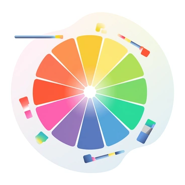 A vibrant color wheel is placed at the center of the image, showcasing a spectrum of all hues of the rainbow. The wheel is divided into various segments, each filled with bright and distinct colors such as red, orange, yellow, green, blue, indigo, and violet. Surrounding the color wheel are small paintbrushes, each dipped in different colors corresponding to the wheel's segments. The background is a smooth gradient transitioning between soft pastel shades that complement the bold colors of the wheel.