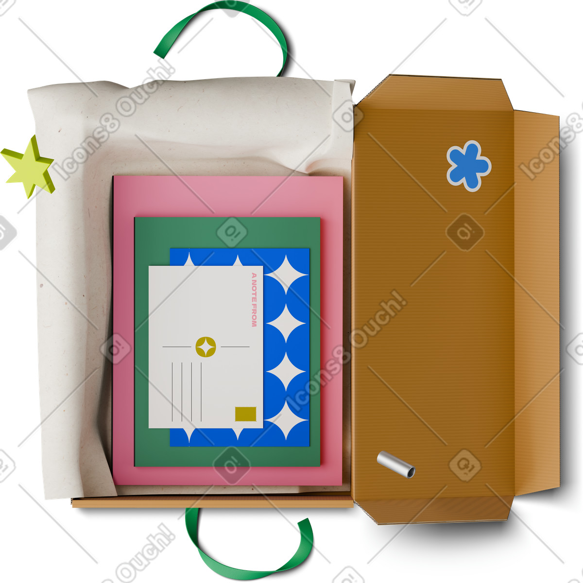 Ilustração de Top view of open gift box with green ribbon em no estilo 3D Hygge para baixar em PNG, SVG