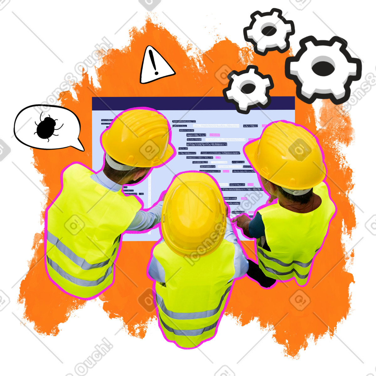 Illustration Abstract collage of finding bugs in the code dans le style Energy à télécharger aux formats PNG, SVG