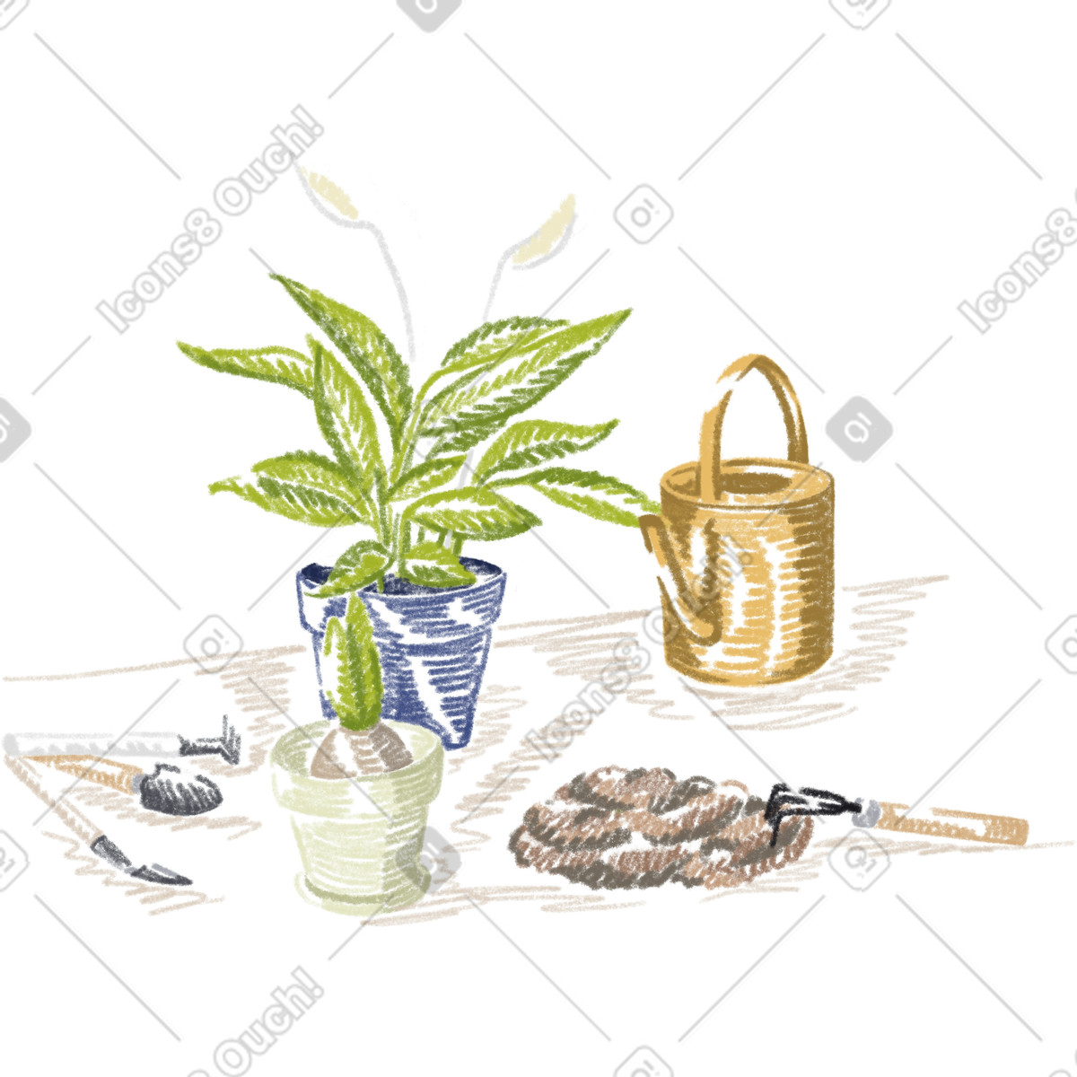 Flower pots, tools for planting on the table illustrazione in stile Sketchbook scarica in PNG, SVG