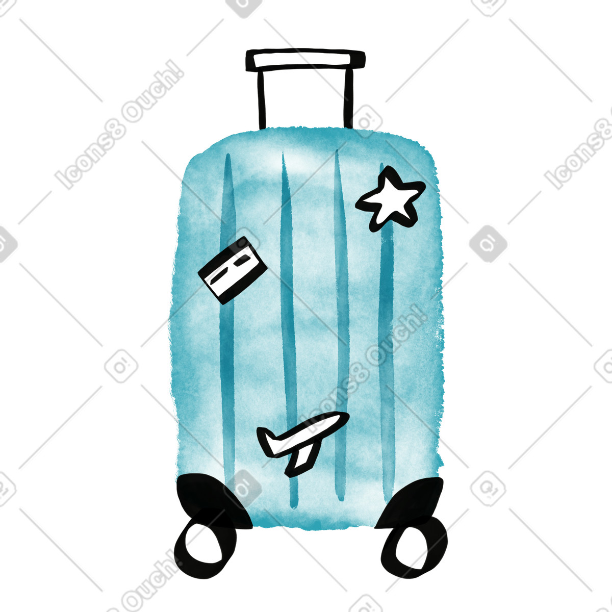 Watercolor sketch 스타일의 Suitcase with airplane sticker and travel icons 일러스트레이션 PNG, SVG 다운로드