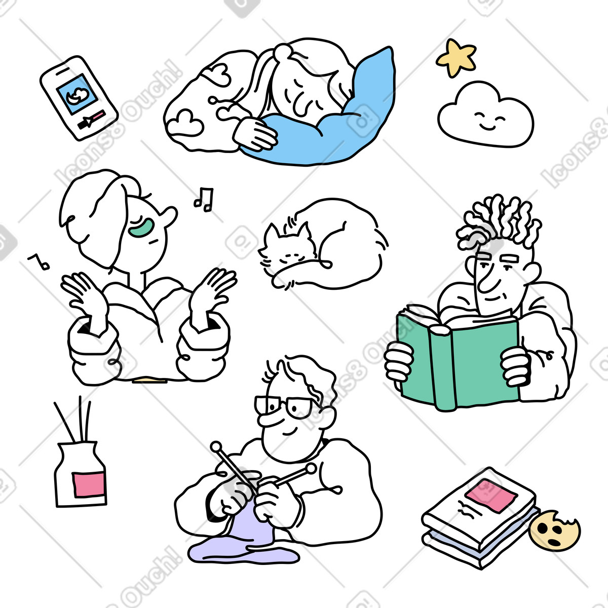Persone impegnate in hobby e relax illustrazione stile Notes scarica PNG, SVG