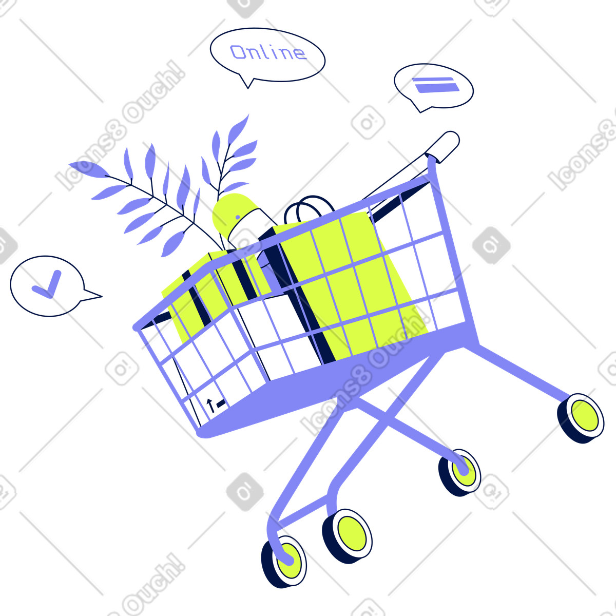 Glow 스타일의 Shopping cart with items, Online purchase and convenience 일러스트레이션 PNG, SVG 다운로드