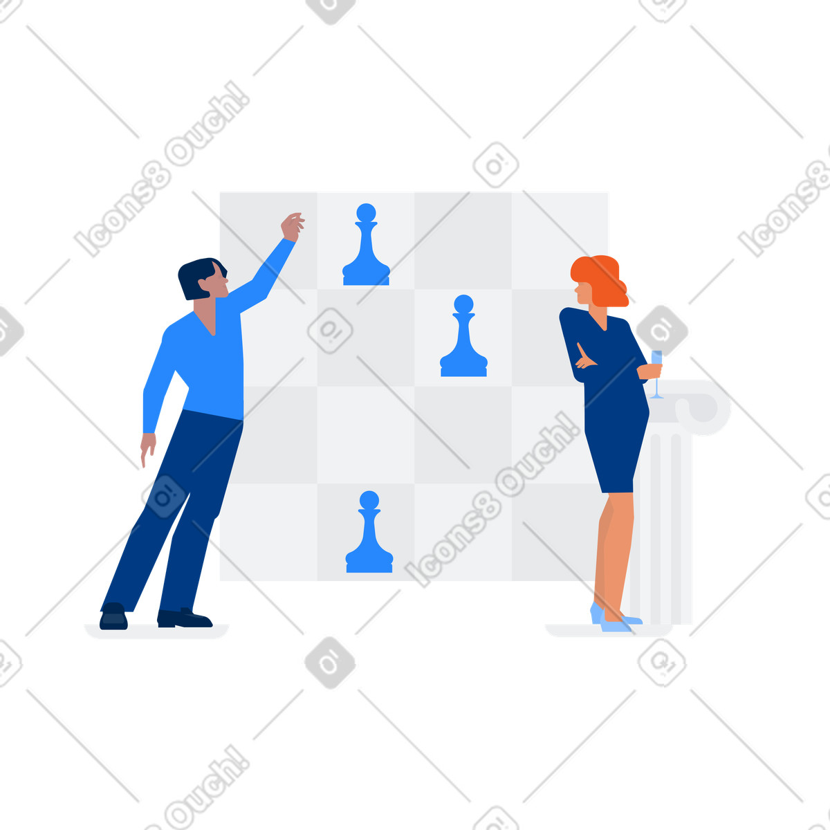 Couple playing chess, Strategic thinking and competition concept illustration in Urban style download in PNG, SVG