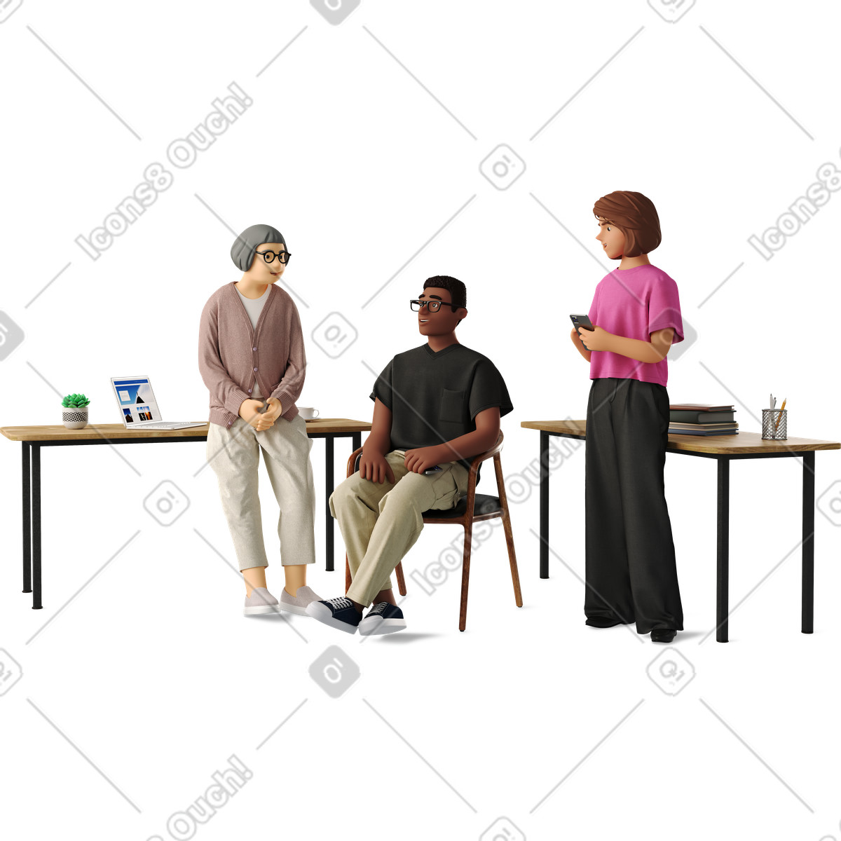 Ilustração de Three employees discussing work em no estilo 3D Business para baixar em PNG, SVG