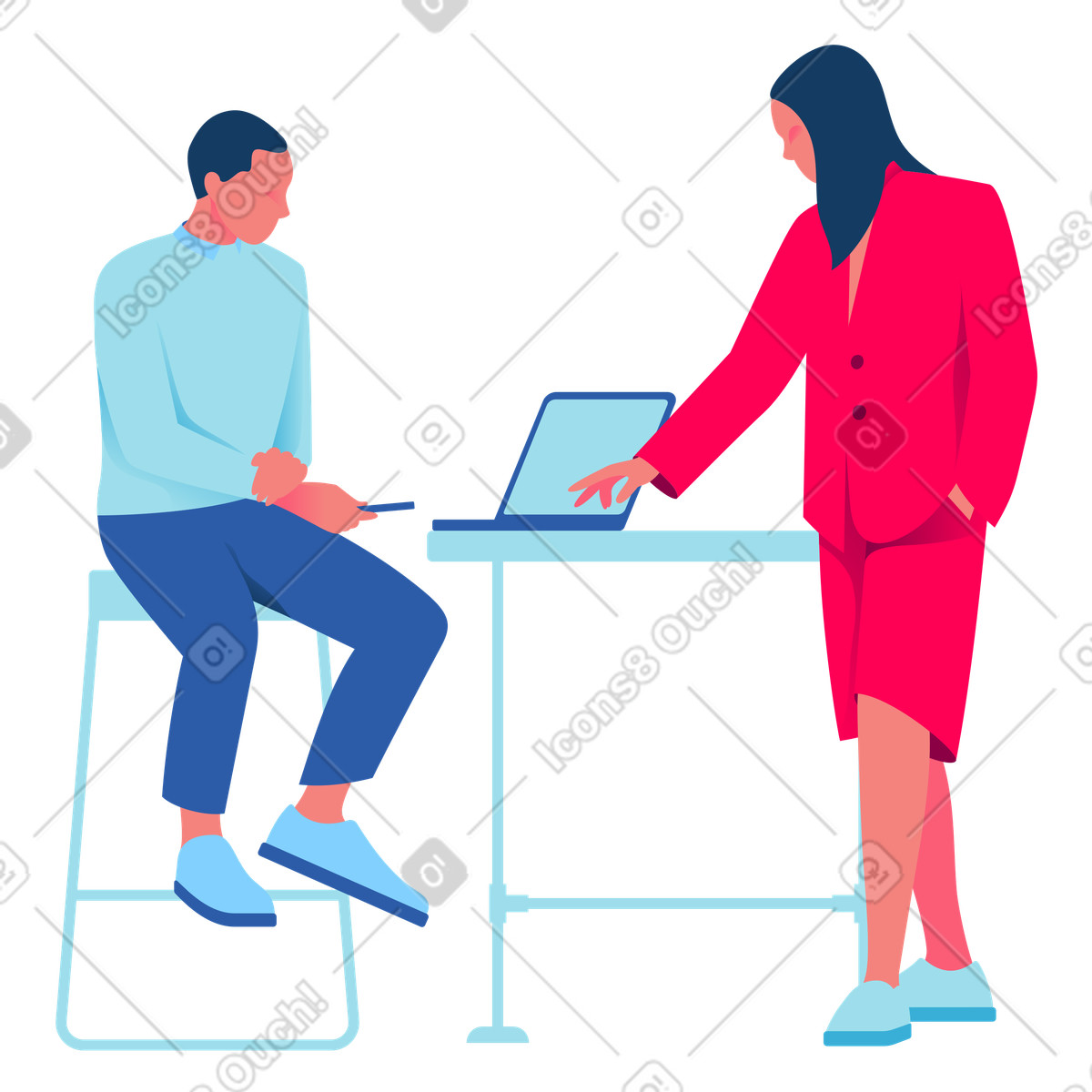 Illustration Colleagues discussing project over laptop, Coworking space collaboration dans le style Daily à télécharger aux formats PNG, SVG