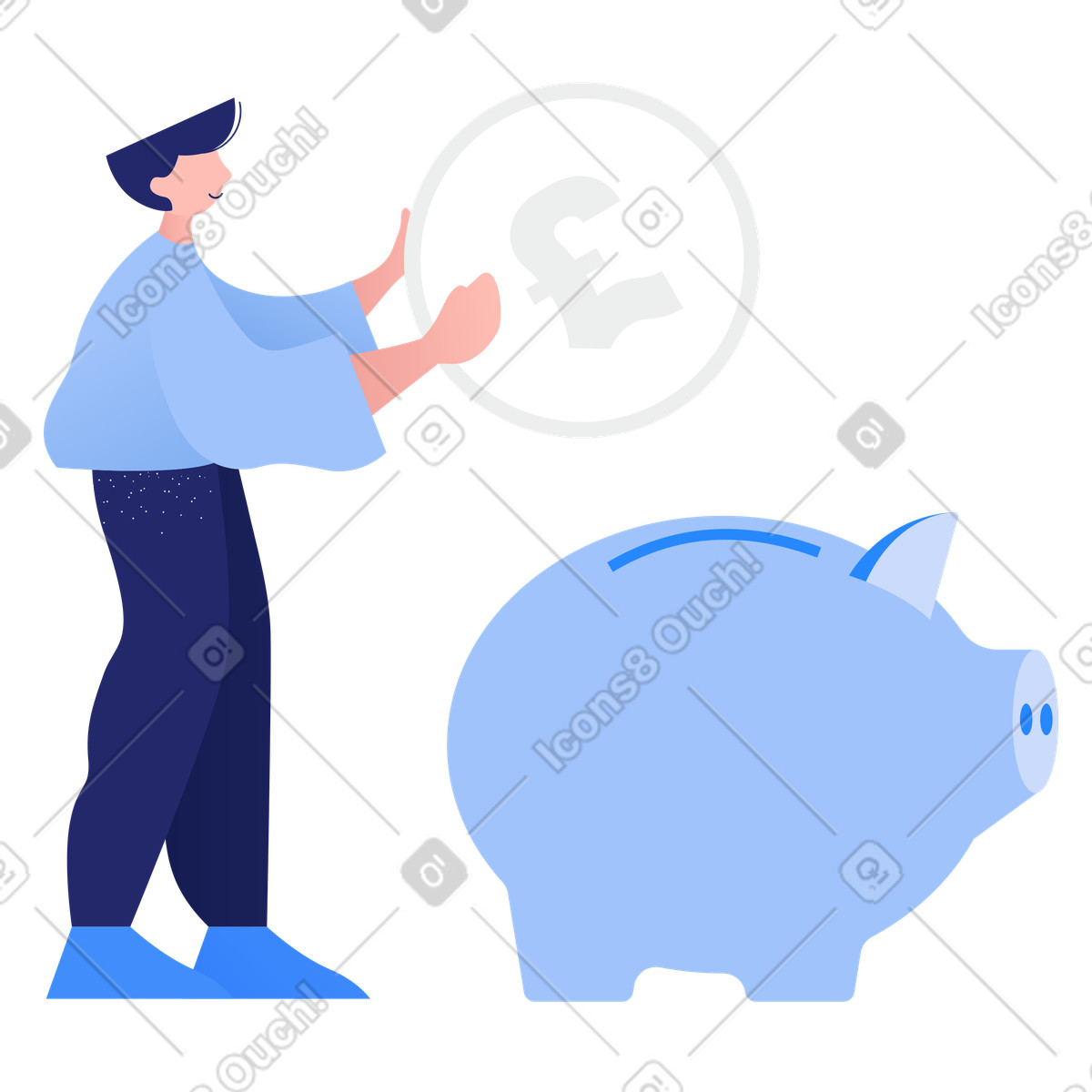 Ilustración Hombre poniendo una moneda de libra esterlina en alcancía estilo Clip a descargar PNG y SVG