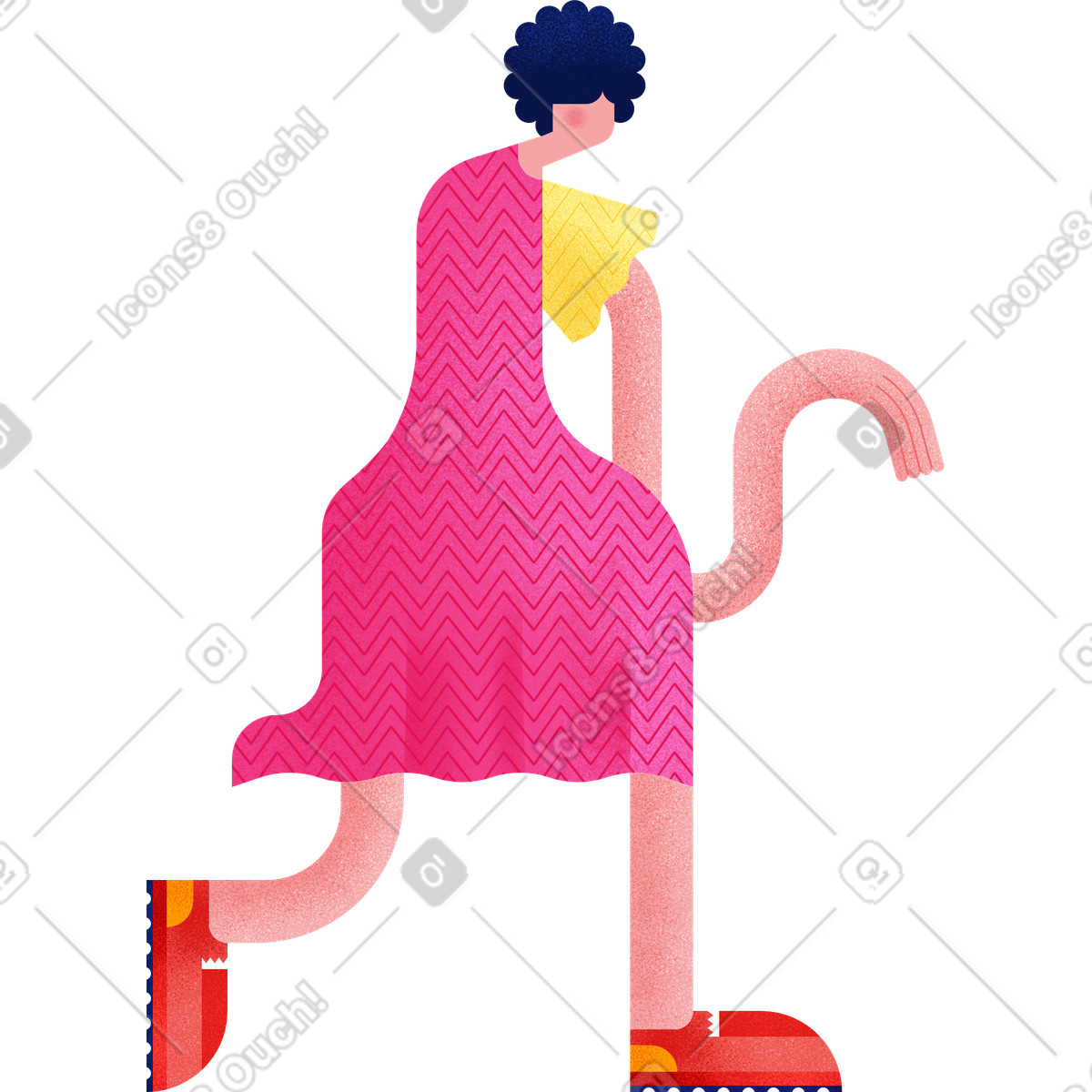 下载 Willowy 风格的 Side view of stylized human in patterned pink outfit 插画，支持 PNG、SVG 格式