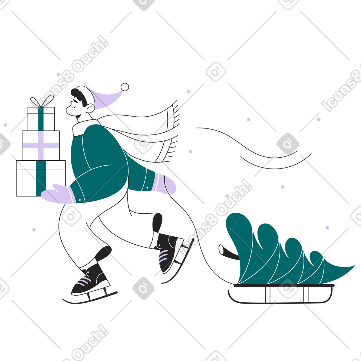 Sammy Line スタイルの スケート靴を履いた男がクリスマス プレゼントを届ける のイラストをPNG、SVG形式でダウンロード