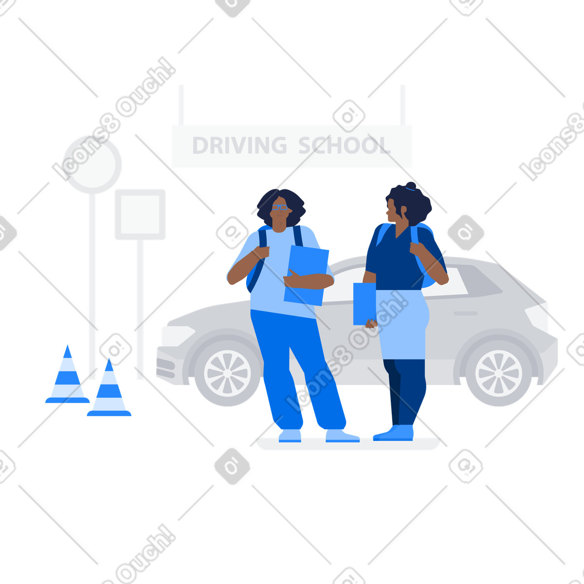 Two driving school students in front of car and road signs illustration Urban style download PNG, SVG