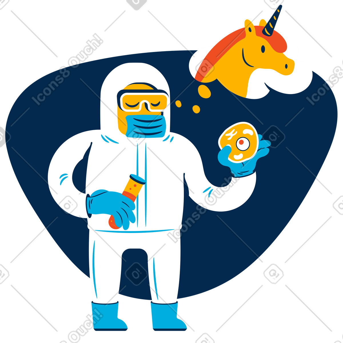 Flame スタイルの Researcher imagining unicorn while experimenting, Biotechnology research and innovation のイラストをPNG、SVG形式でダウンロード