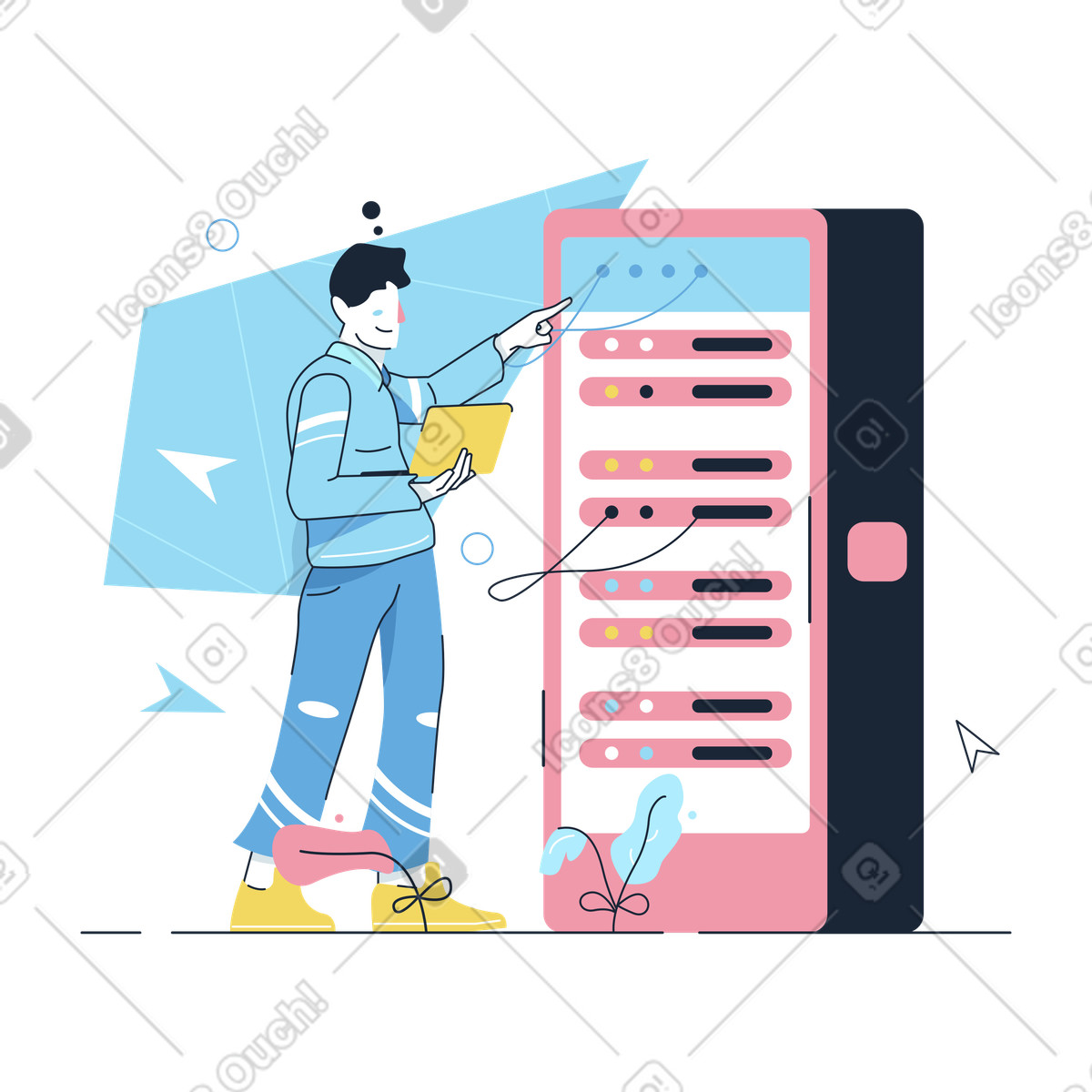 Man performs system maintenance of the device from a laptop illustration in Work Hard style download in PNG, SVG